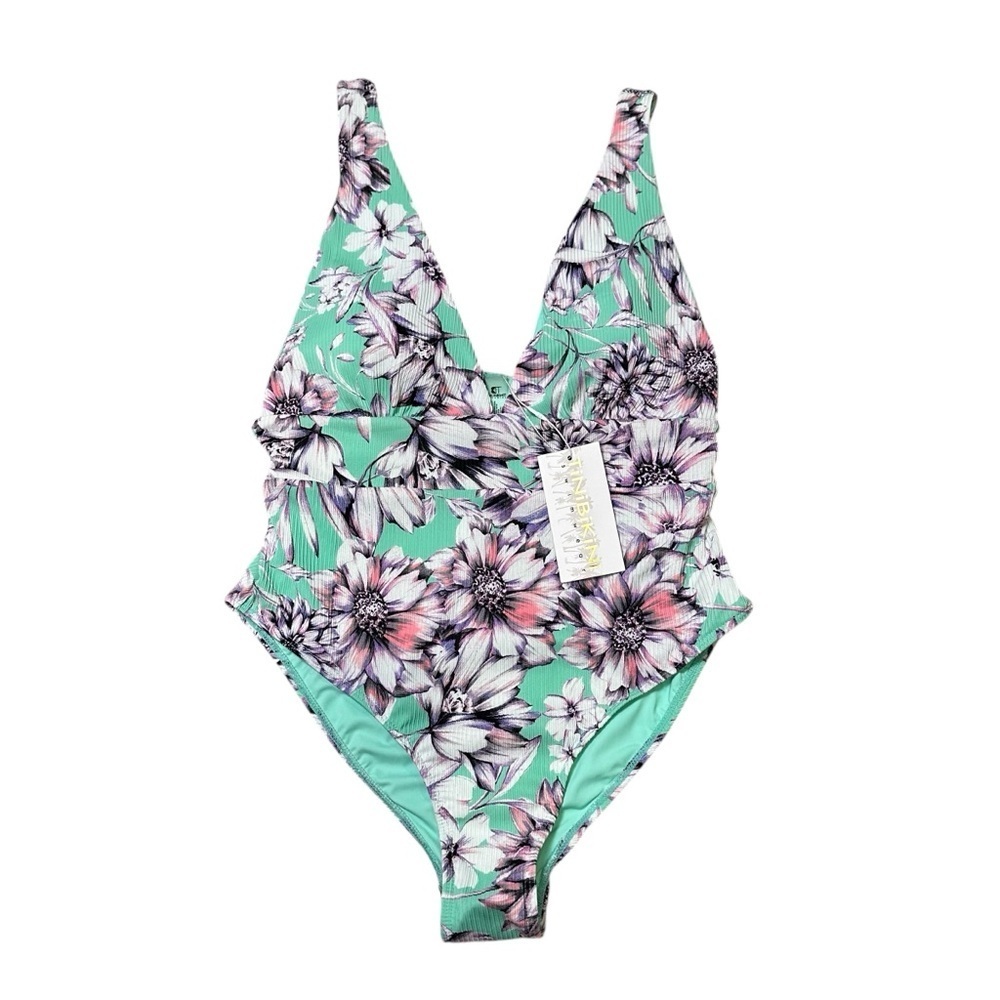 TiniBikini Swimwear XL Aqua Floral Print Deep V Neck One Piece